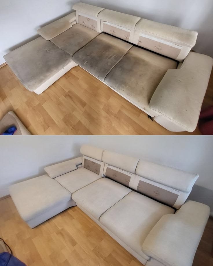 Antes e depois real da limpeza de sofá realizada pela Higienize Mais Porto